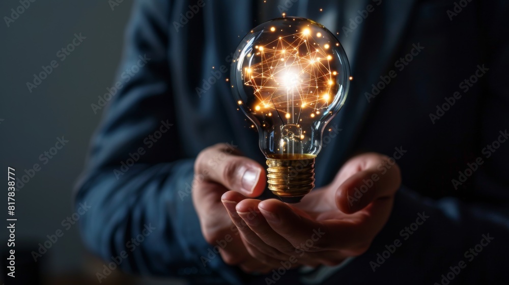 Poster businessman holding light blub with virtual Global Internet connection. global internet connection application technology and digital marketing, Financial and banking, Digital link tech, big data.