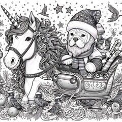 A unicorn coloring pages black and white drawing includes drawing of a dog and a unicorn in a sleigh image realistic harmony used for printing.