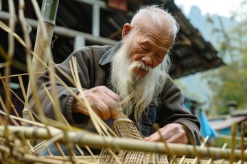 bearded elder weaving bamboo baskets in a village