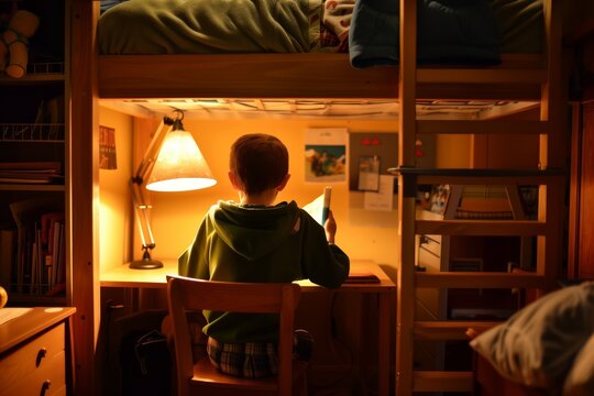kid sitting at loft bed desk, reading under lamp light