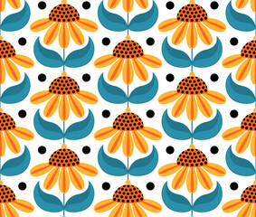retro vintage seamless pattern with coneflowers in yellow and dusty blue colors, vector illustration endless repeat texture