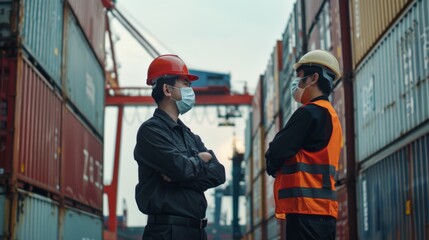 Businessman standing at shipyard and engineer wearing mask partner stand at container yard, loading containers box from cargo freight ship for import and export,