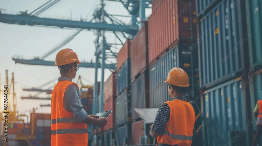 Poster businessman use tablet show growth revenue graph info and engineer partner stand at container yard, 