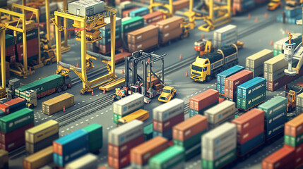 In a bustling logistics hub, forklifts and robots move goods in a massive warehouse. Outside, trucks and ships transport containers, while drones monitor the flow. Real-time tracking and efficient wor