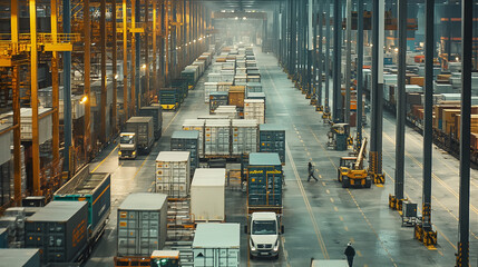 In a bustling logistics hub, forklifts and robots move goods in a massive warehouse. Outside, trucks and ships transport containers, while drones monitor the flow. Real-time tracking and efficient wor