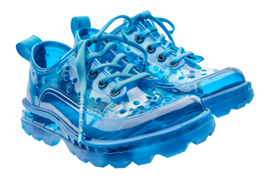 Blue transparent clogs with water splash, cut out - stock png.