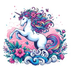 A unicorn with colorful hair and flowers realistic lively has illustrative attractive used for printing.