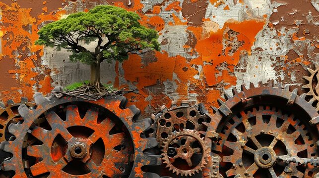 A delicate balance of nature and industry showing a small tree growing atop a pile of industrial gears, illustrating the companys commitment to conservation amidst competition, with copy space