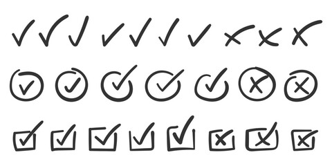 Check mark icon in hand drawn style. Handmade doodle vector illustration on isolated background. Cross, circles, arrow mark sign business concept.