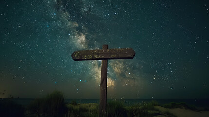 A wooden empty signpost mockup blue starry night sky background