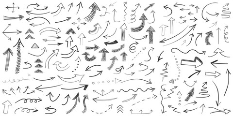 Arrow icon in hand drawn style. Handmade doodle vector illustration on isolated background. Cursor pointer sign business concept.