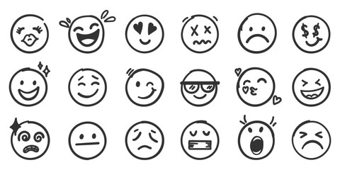 Emojis faces icon in hand drawn style. Doddle emoticons vector illustration on isolated background. Happy and sad face sign business concept.
