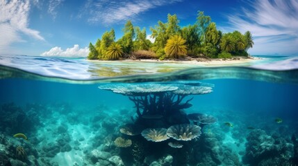 Beautiful underwater view of lone small island above and below the water surface in turquoise waters of tropical ocean.