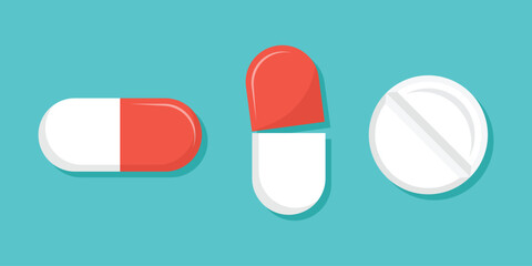 Pills capsules icon in flat style. Medical tablet vector illustration on isolated background. Healthcare drug sign business concept.