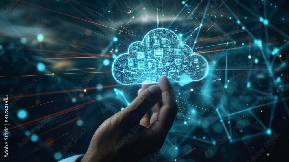Aufkleber cloud technology concept global network of metaverse systems concept, man hand touch data with inter