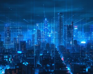 A digital representation of a city. Blue glowing lines connect the buildings, representing the flow of information and energy.