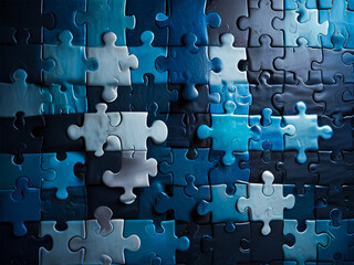 Blue colored 3D-rendered puzzle pieces scattered on a vibrant purple background