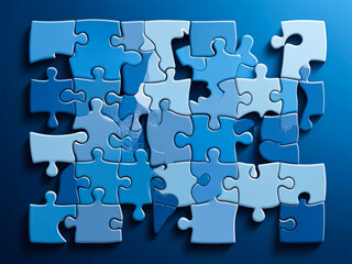Blue colored 3D-rendered puzzle pieces scattered on a vibrant purple background