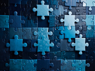Blue colored 3D-rendered puzzle pieces scattered on a vibrant purple background