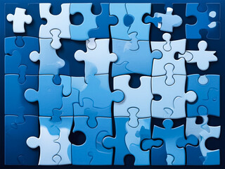 Blue colored 3D-rendered puzzle pieces scattered on a vibrant purple background