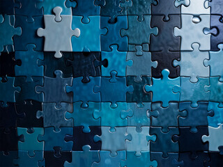 Blue colored 3D-rendered puzzle pieces scattered on a vibrant purple background