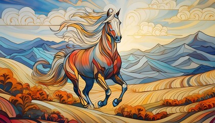 dynamic horse line art painting, featuring bold, expressive lines and dynamic composition.background