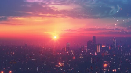 Fototapeta premium Colorful sunset over an urban skyline, with city lights twinkling as the sun sets behind the buildings in a vibrant display of colors.