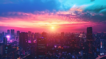 Obraz premium Colorful sunset over an urban skyline, with city lights twinkling as the sun sets behind the buildings in a vibrant display of colors.