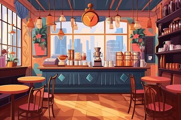 Coffee shop interior flat design side view cozy theme cartoon drawing Triadic Color Scheme