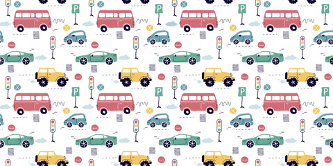 Seamless pattern with hand drawn cars, signs, roads. Cartoon background for print, children, paper, print . trending art vector illustration