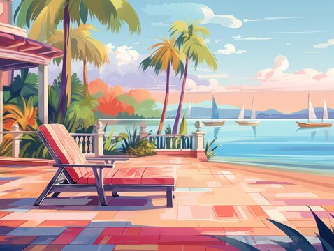 Coastal landscaping flat design front view seaside harmony theme water color triadic color scheme