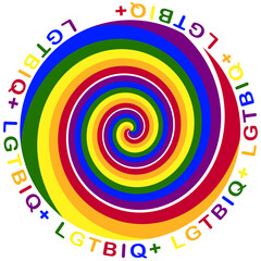 Bold rainbow spiral with LGBTIQ+ text overlay.