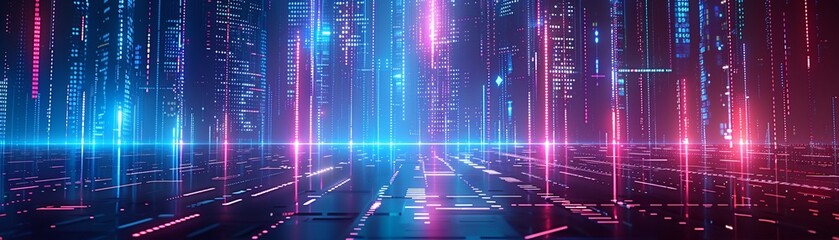 Fototapeta premium Neon graphics displaying the analysis of electronic currency flows within a futuristic cyberspace environment, all secured by sophisticated database encryption techniques 8K , high-resolution, ultra H