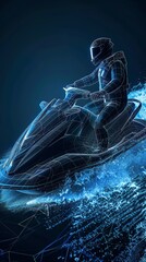 A digital wireframe illustration of a man riding a jet ski.