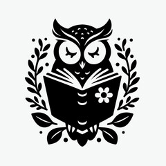 Black сartoon owl reading a book, isolated, wisdom concept