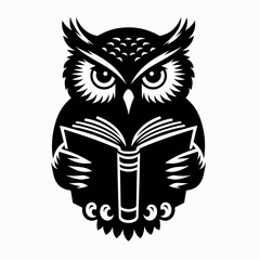 Black сartoon owl reading a book, isolated, wisdom concept