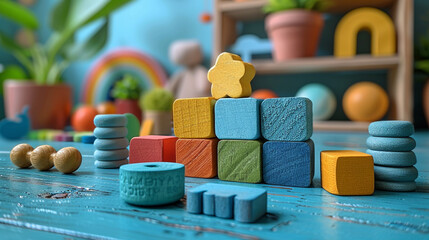 Colorful Montessori Baby Toys: Rainbow, Stacking Blocks, Organic Teethers, and Building Stones on Light Blue Background