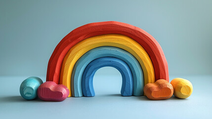 Colorful Montessori Baby Toys: Rainbow, Stacking Blocks, Organic Teethers, and Building Stones on Light Blue Background