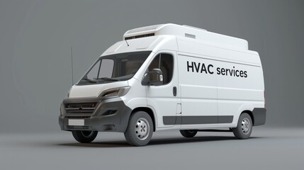 HVAC service concept. A brand new white van with HVAC written prominently on the side, parked in a residential neighborhood, ready for professional heating, ventilation, and air conditioning services
