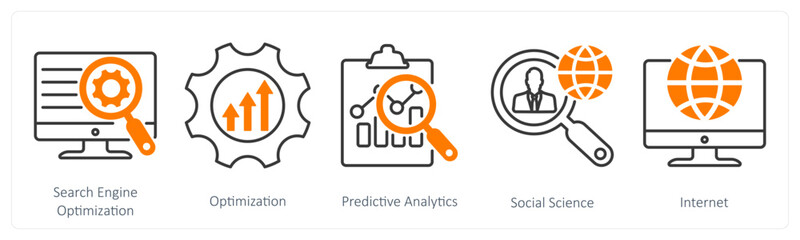 A set of 5 Industrial icons as search engine optimization, optimization, predictive analytics