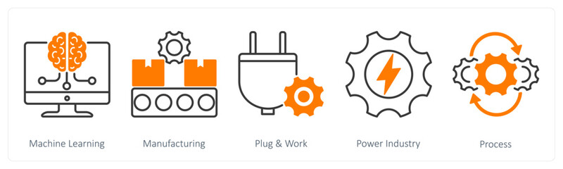 A set of 5 Industrial icons as machine learning, manufacturing, plug and work