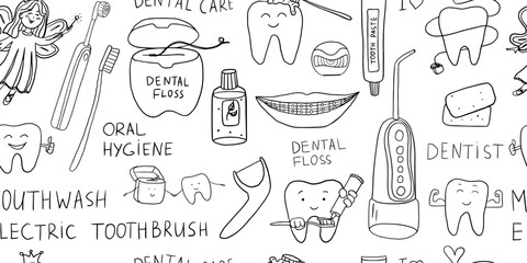 Cute seamless pattern of oral hygiene theme elements in doodle style. Stomatology, toothpaste, dental floss, irrigator, dental care, teeth health, toothbrush, braces. Healthcare and medicine