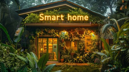 Smart home concept featuring a green, sustainable, and lush house equipped with innovative solutions for an eco-friendly lifestyle, showcasing modern technology and environmental consciousness.