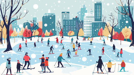 Crowd of people skiing skating sledding and walking illustration