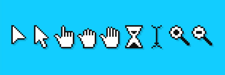 Set of pixel cursor pointers, 8-bit computer mouse. Arrows, hand click pointers, magnifier and hourglass.