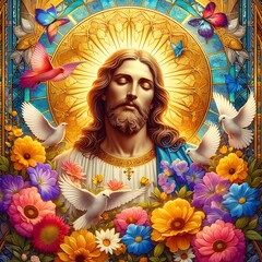 A painting of a jesus christ with flowers and birds art has illustrative attractive has illustrative card design.