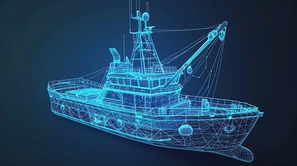 A digital wireframe of a fishing boat.
