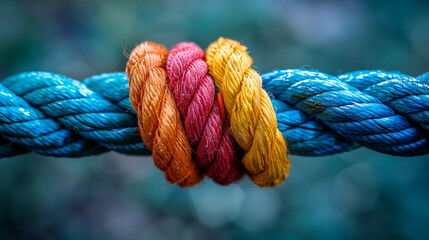 Diverse Team Rope: Symbolizing Strength, Partnership, Unity, and Communication. Conceptual Photography of Integrated and Supportive Network