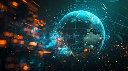 Obraz premium Digital technology orange and cyan cyberpunk planet poster background