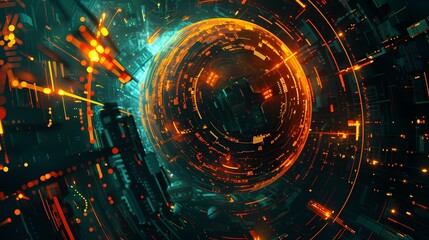 Obraz premium Digital technology orange and cyan cyberpunk planet poster background